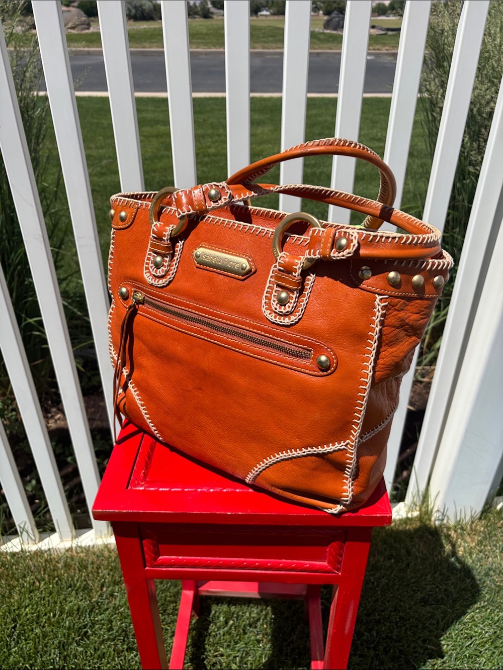 Isabella Fiore Leather Stiched Lrge Satchel, Vintage Panama Scarf, Gorgeous - Picture 3 of 11